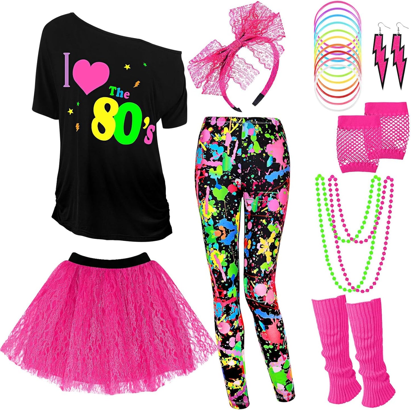 19 Pcs 80s Costume Set for Women - T Shirt, Leggings, Tutu & More