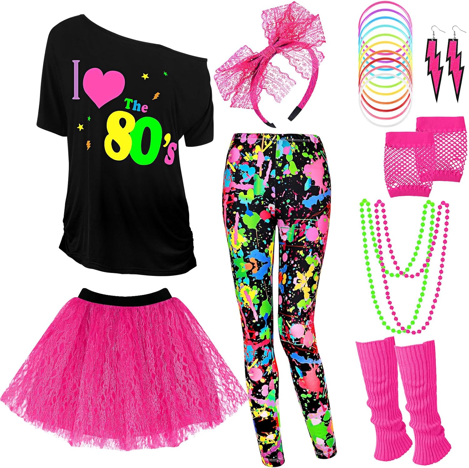 19 Pcs 80s Costume Set for Women - T Shirt, Leggings, Tutu & More
