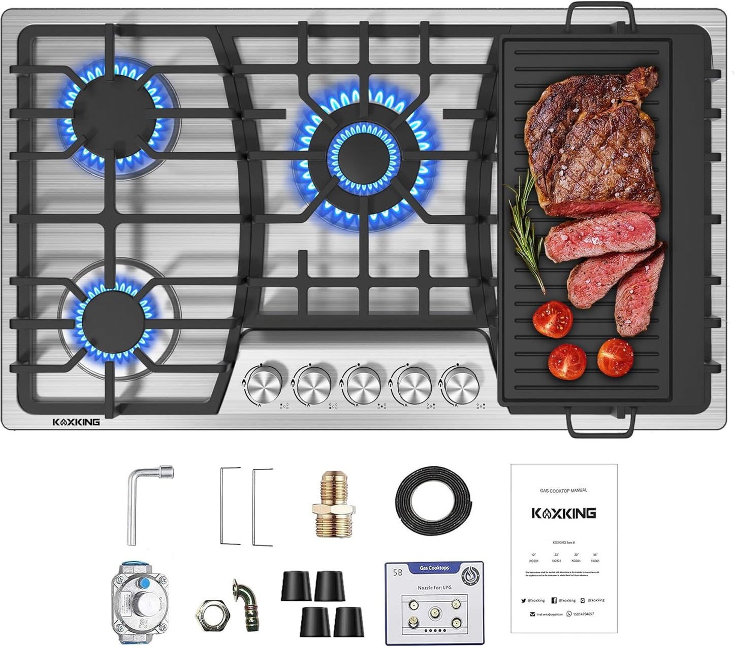 36 Inch Gas Cooktop with Griddle and 5 High Efficiency Burners