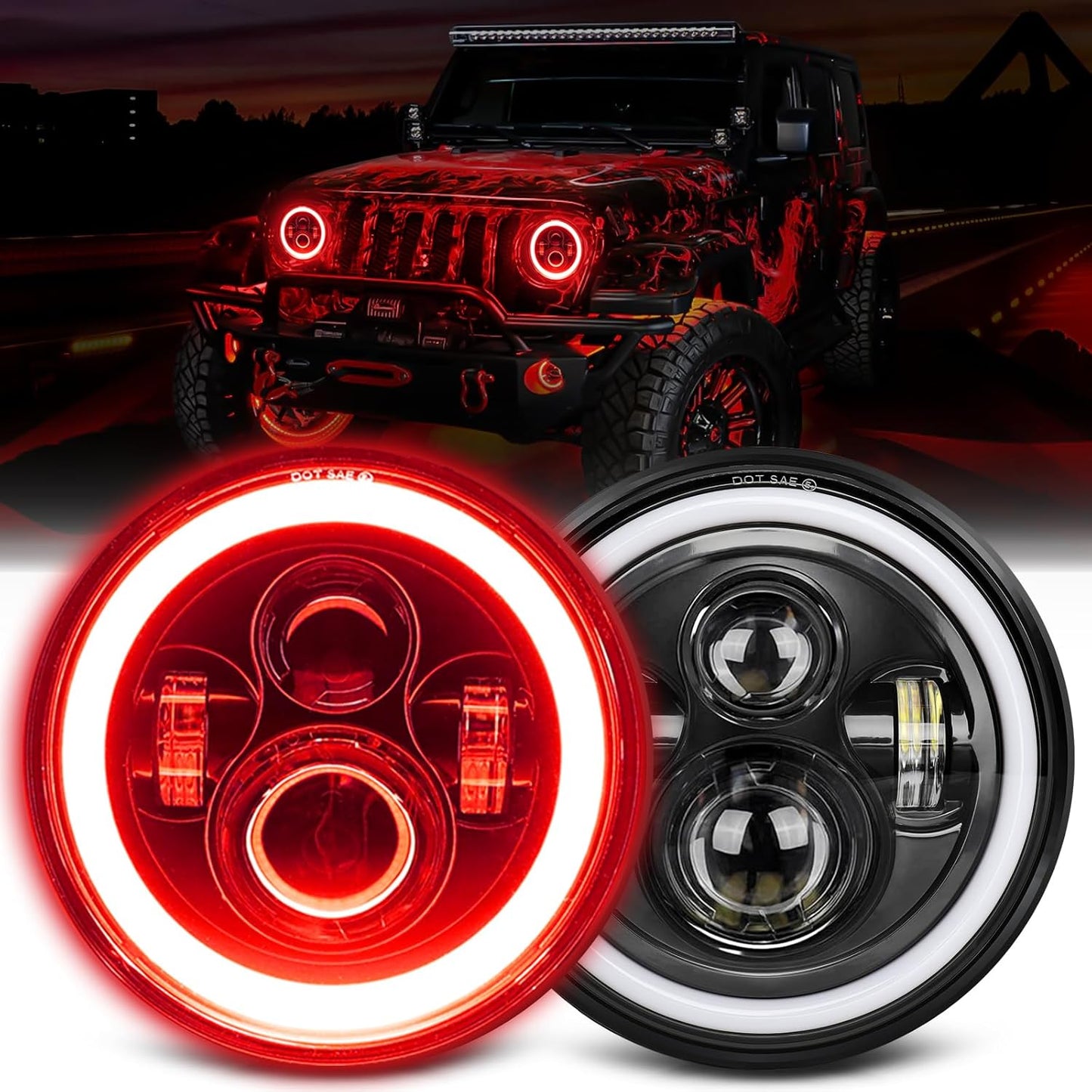 7 inch Red Halo LED Headlight Hi/Lo Beam for Jeep and Chevy