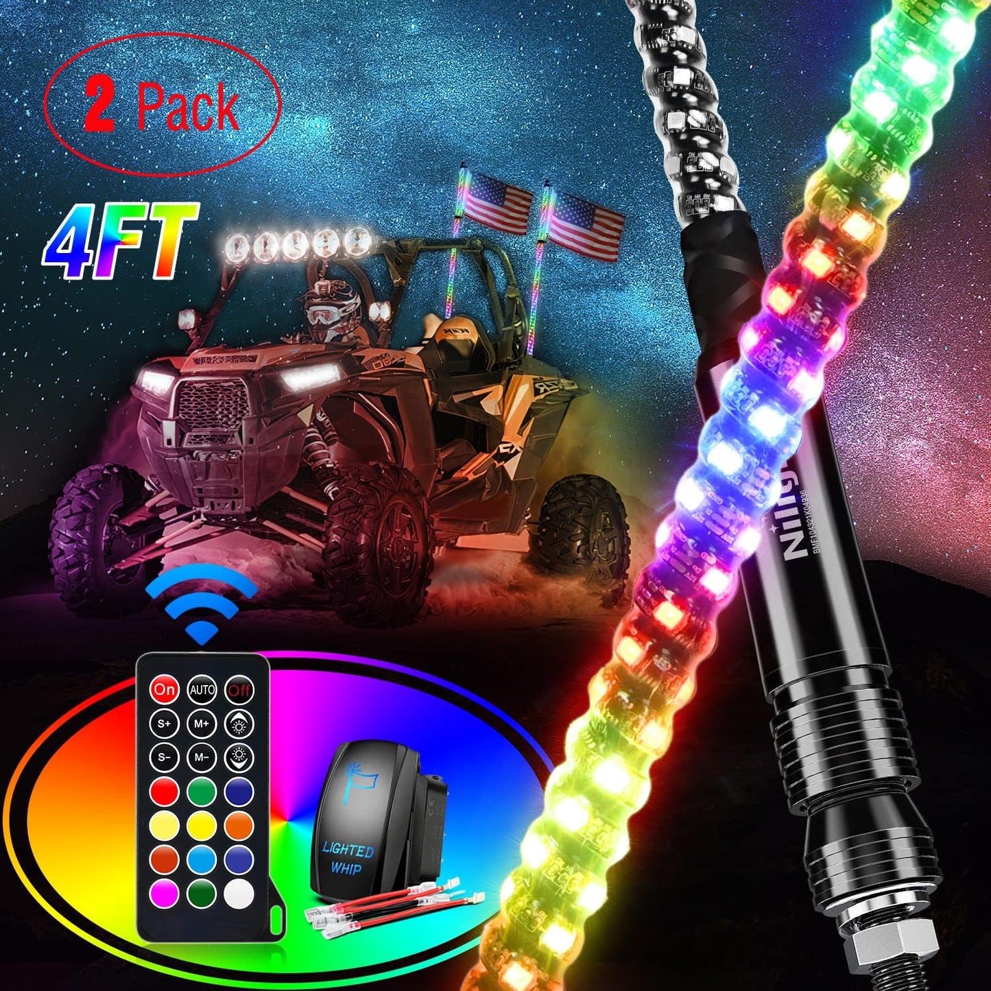 Nilight 4FT Spiral RGB Led Whip Light for Offroad Vehicles