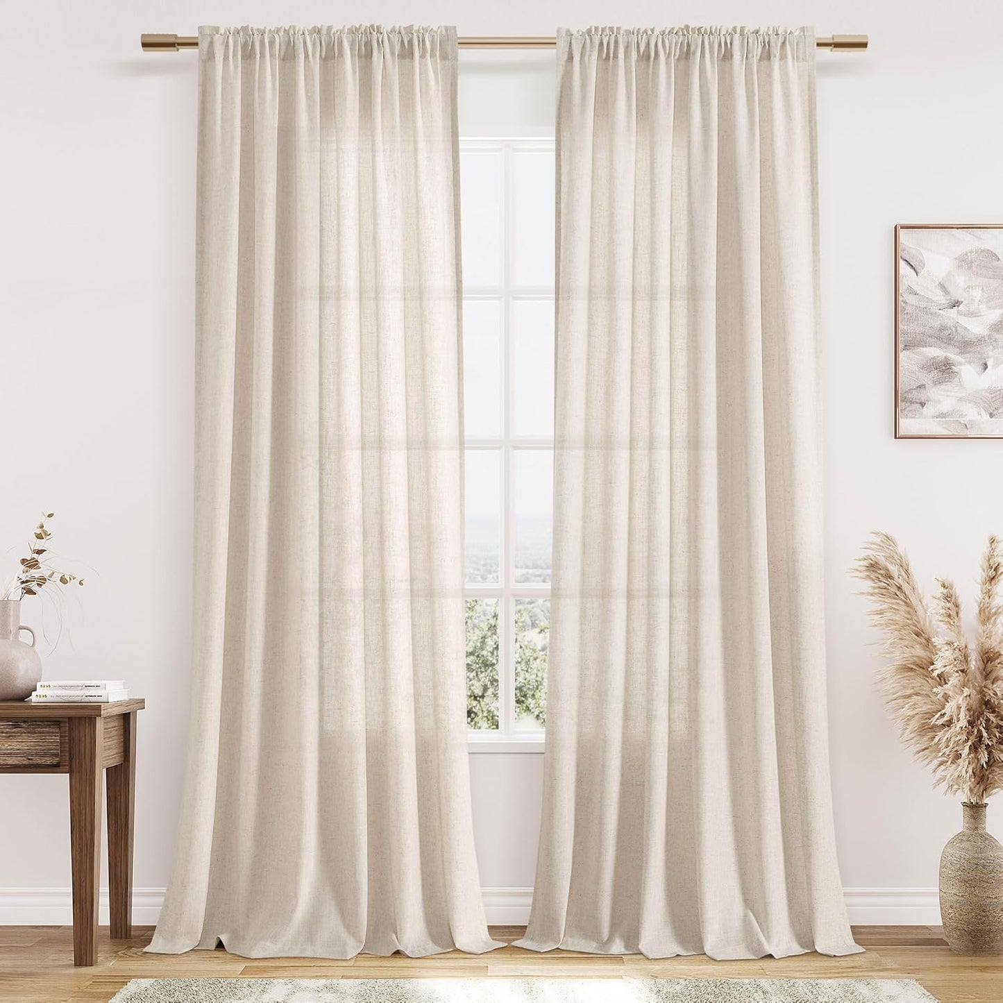 Guken Warm Beige Linen Curtains 96 Inches Long for Cozy Decor