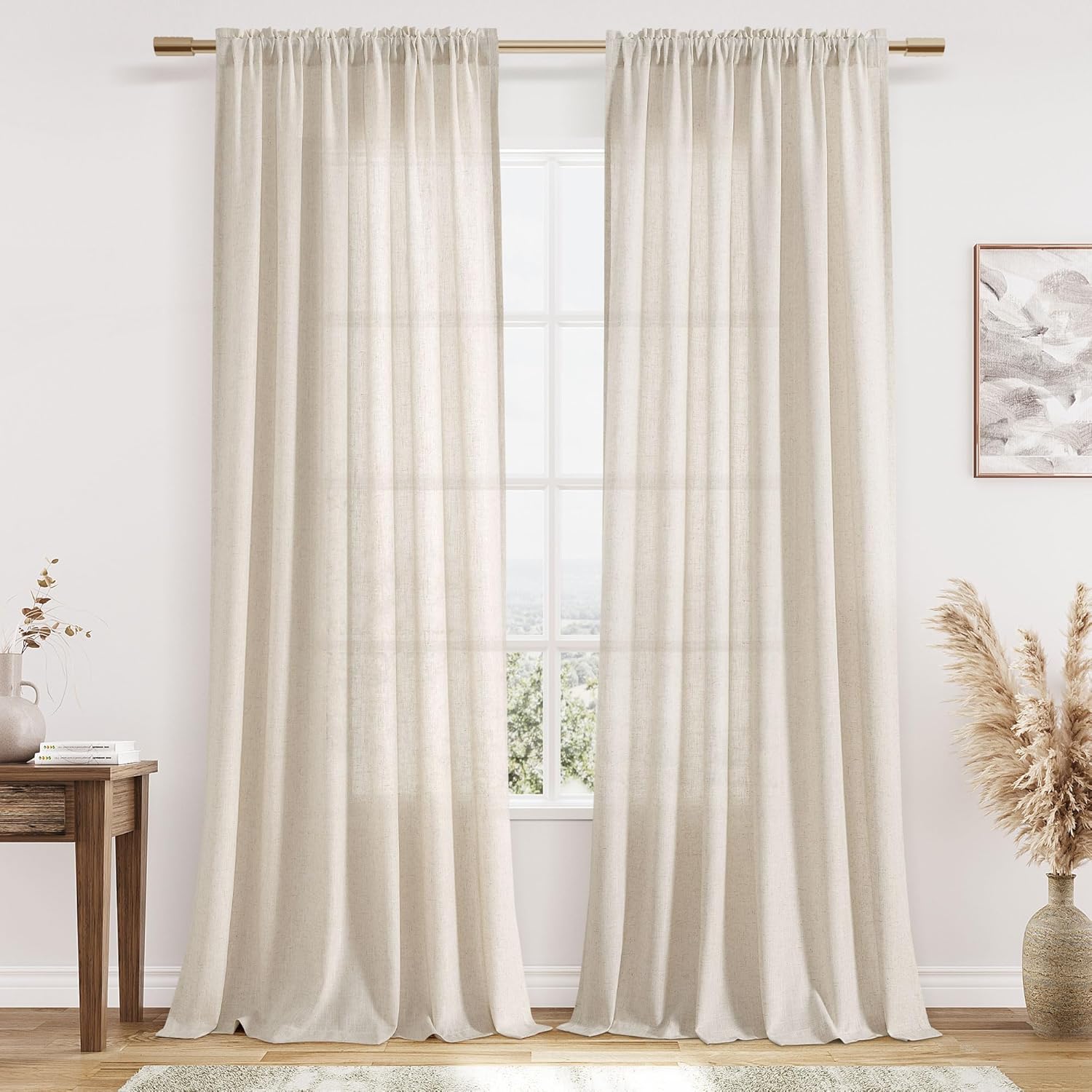 Guken Warm Beige Linen Curtains 96 Inches Long for Cozy Decor