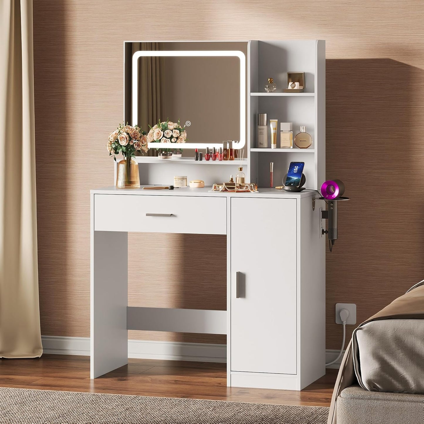 WLIVE Vanity Desk with Mirror and Lights for Makeup Storage