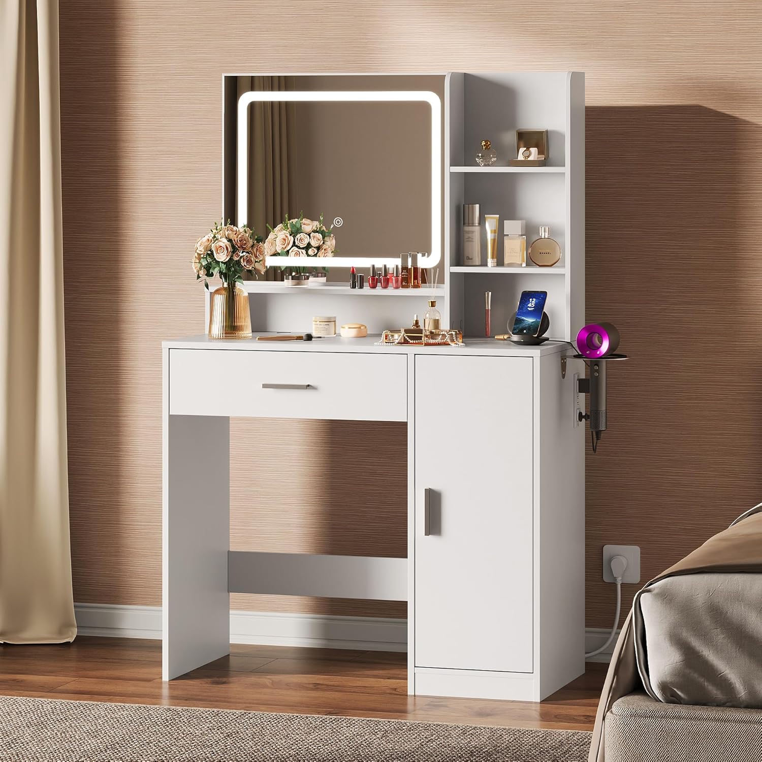 WLIVE Vanity Desk with Mirror and Lights for Makeup Storage