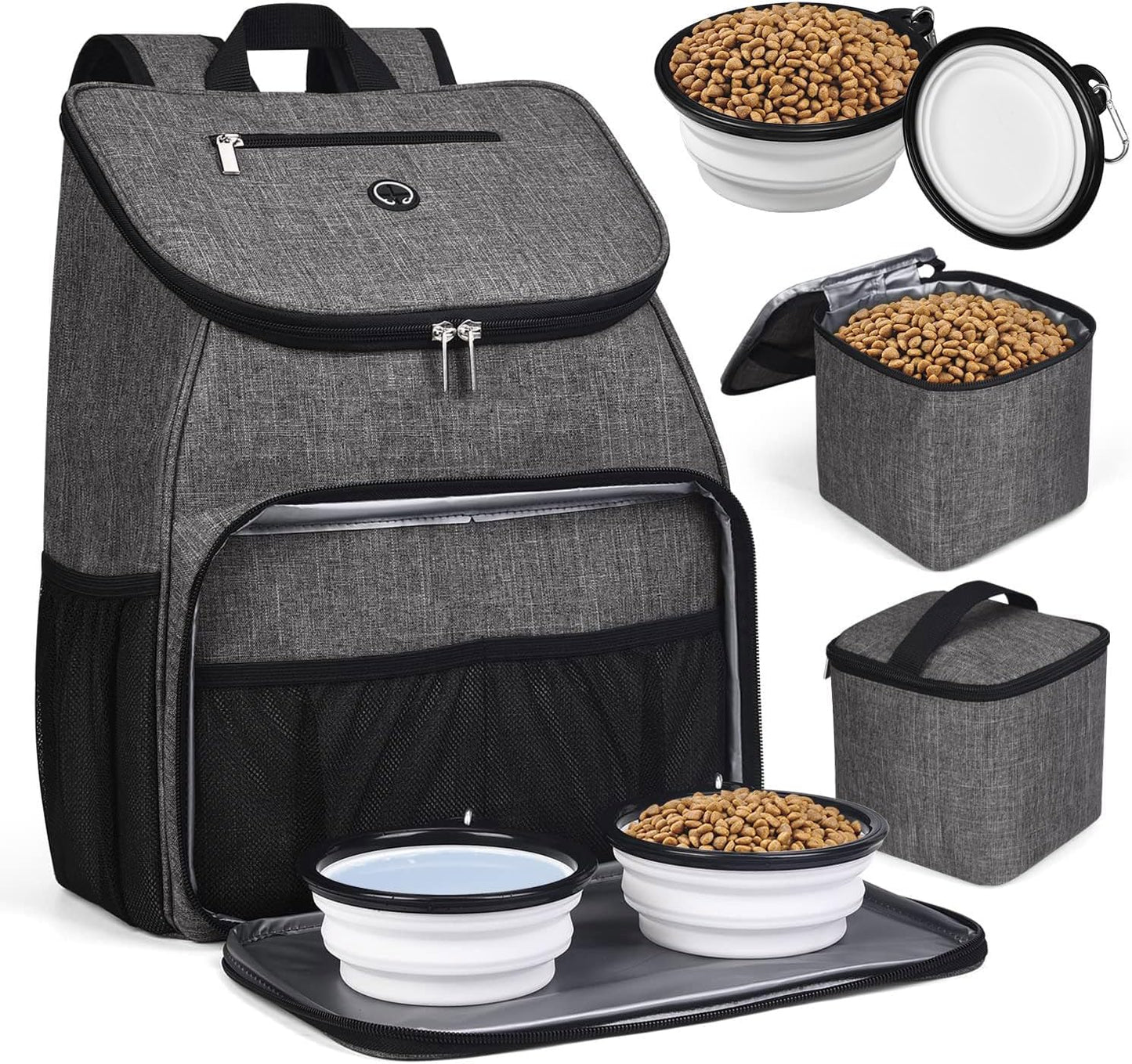 Dog Travel Backpack with Collapsible Bowls and Food Baskets