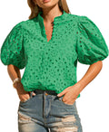 Womens Eyelet Summer Tops Lantern Short Sleeve Button V Neck