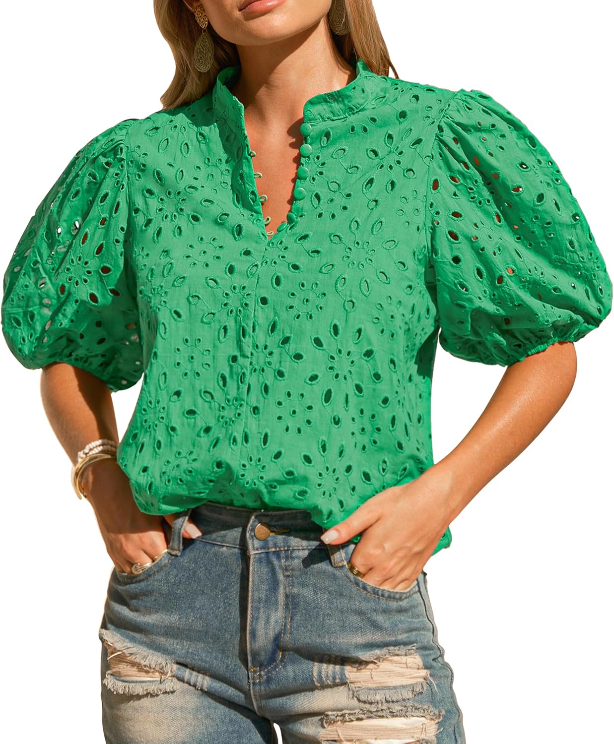 Womens Eyelet Summer Tops with Lantern Sleeves for Casual Style