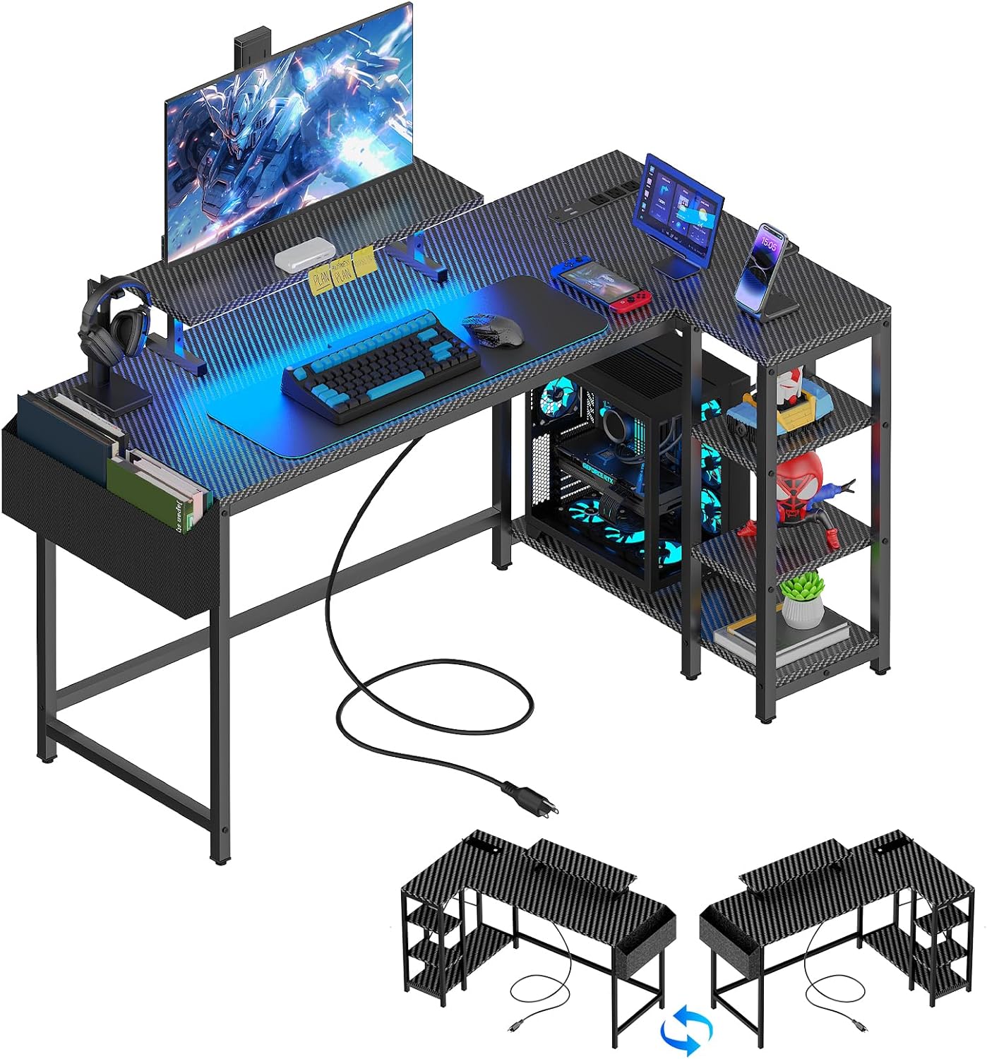 40 inch L Shaped Gaming Desk with LED Lights and USB Ports