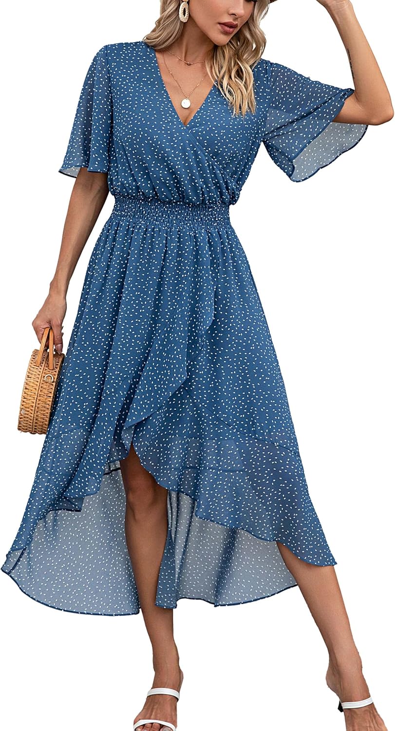 Kormei Womens Short Sleeve Floral High Low V-Neck Maxi Dress