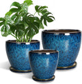 Plant Pots Indoor Ceramic Planters Set of 3 - Draining Blue Pots