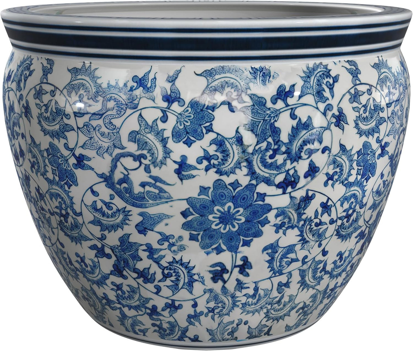 Red Lantern 18in Porcelain Fishbowl Blue & White Floral Planter