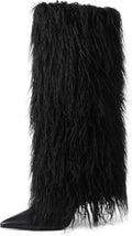 Womens Furry Knee High Fold Over Tall Boot Wide Calf Pointed Toe