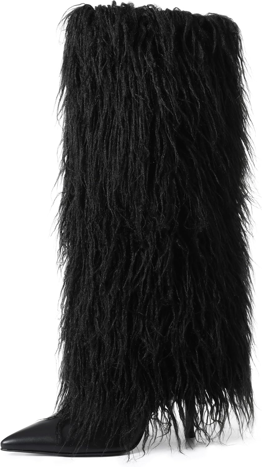Womens Furry Boots Knee High Fold Over Tall Boot for Style