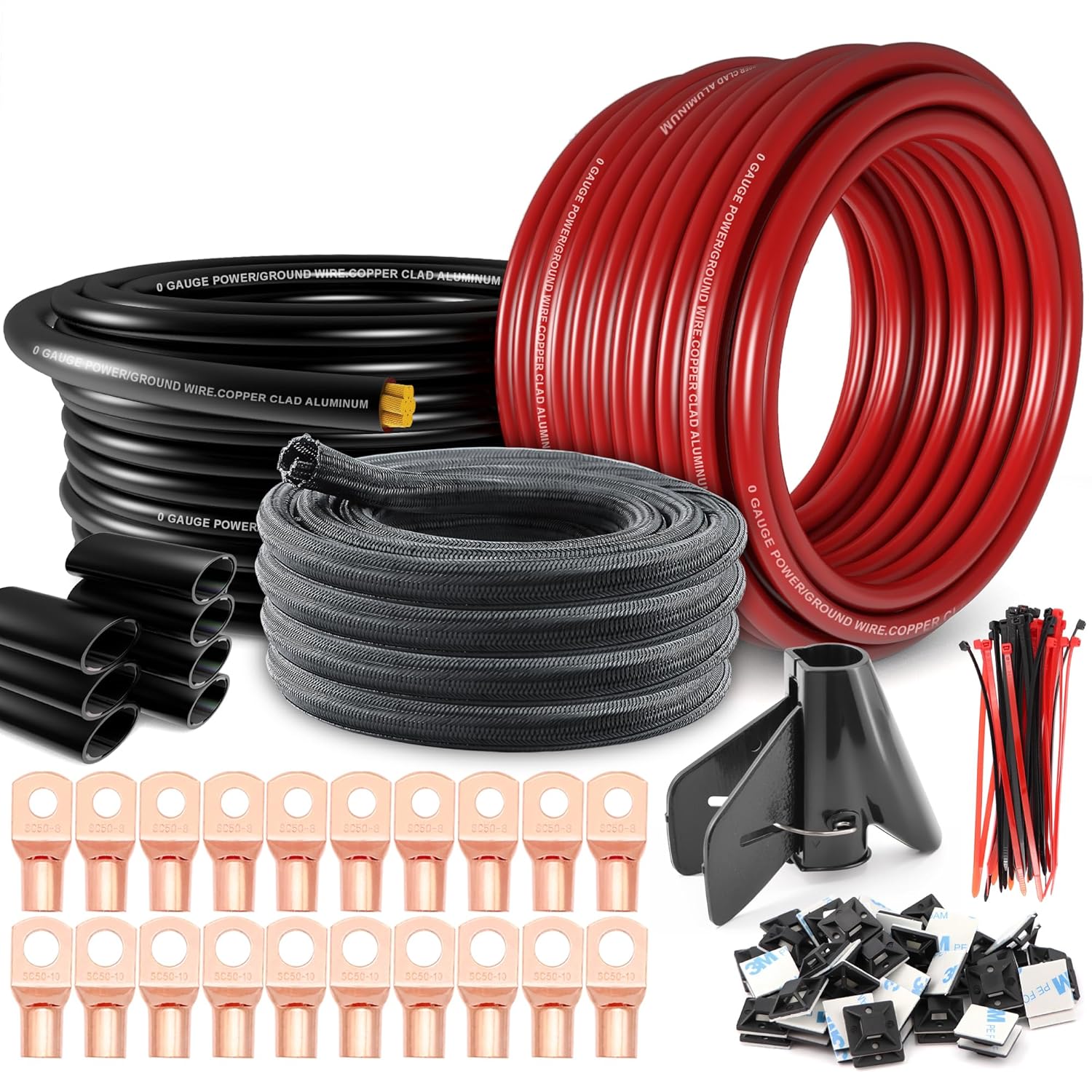 1/0 Gauge Wire Set with Cable Sleeve for Automotive and Marine Use