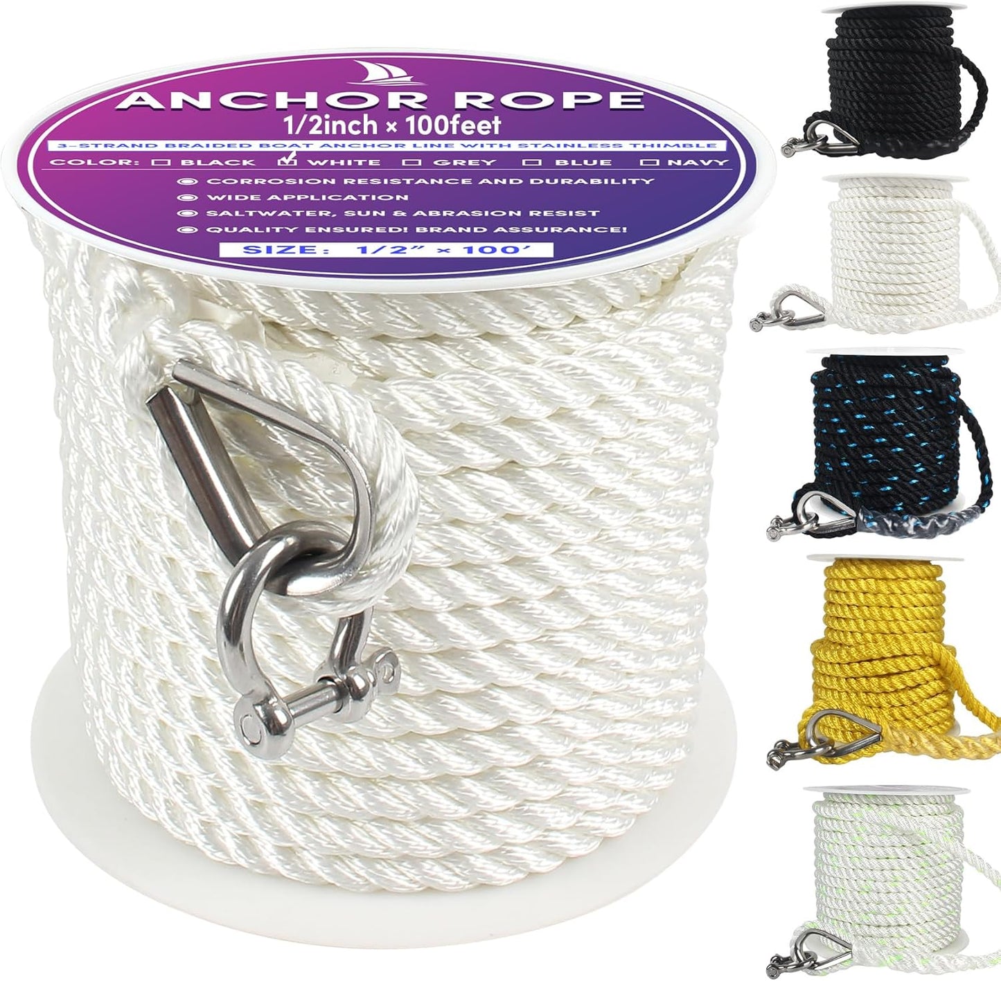 Boat Anchor Rope 100 ft x 1/2 inch for Towing and Docking