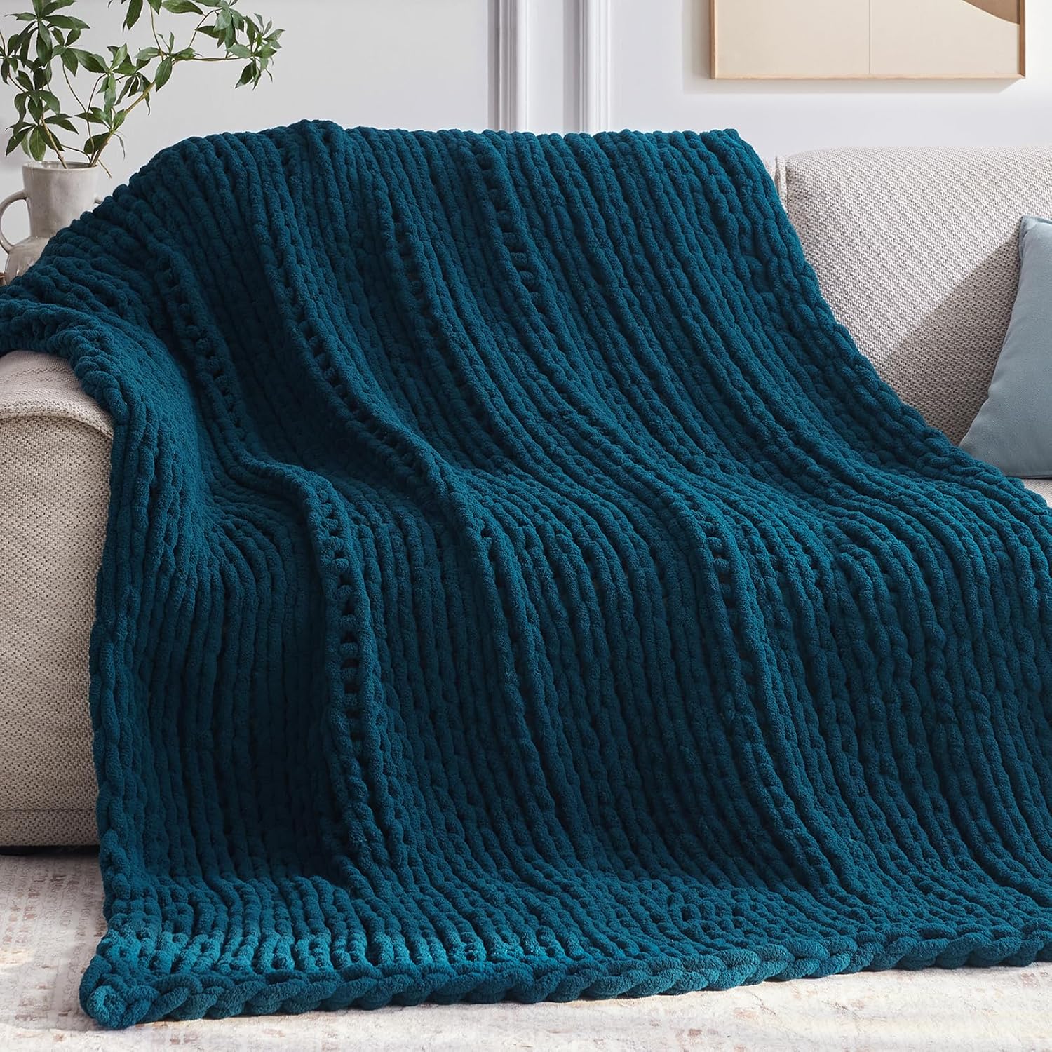 Chunky Knit Throw Blanket for Bed Couch - Peacock Blue Comfort