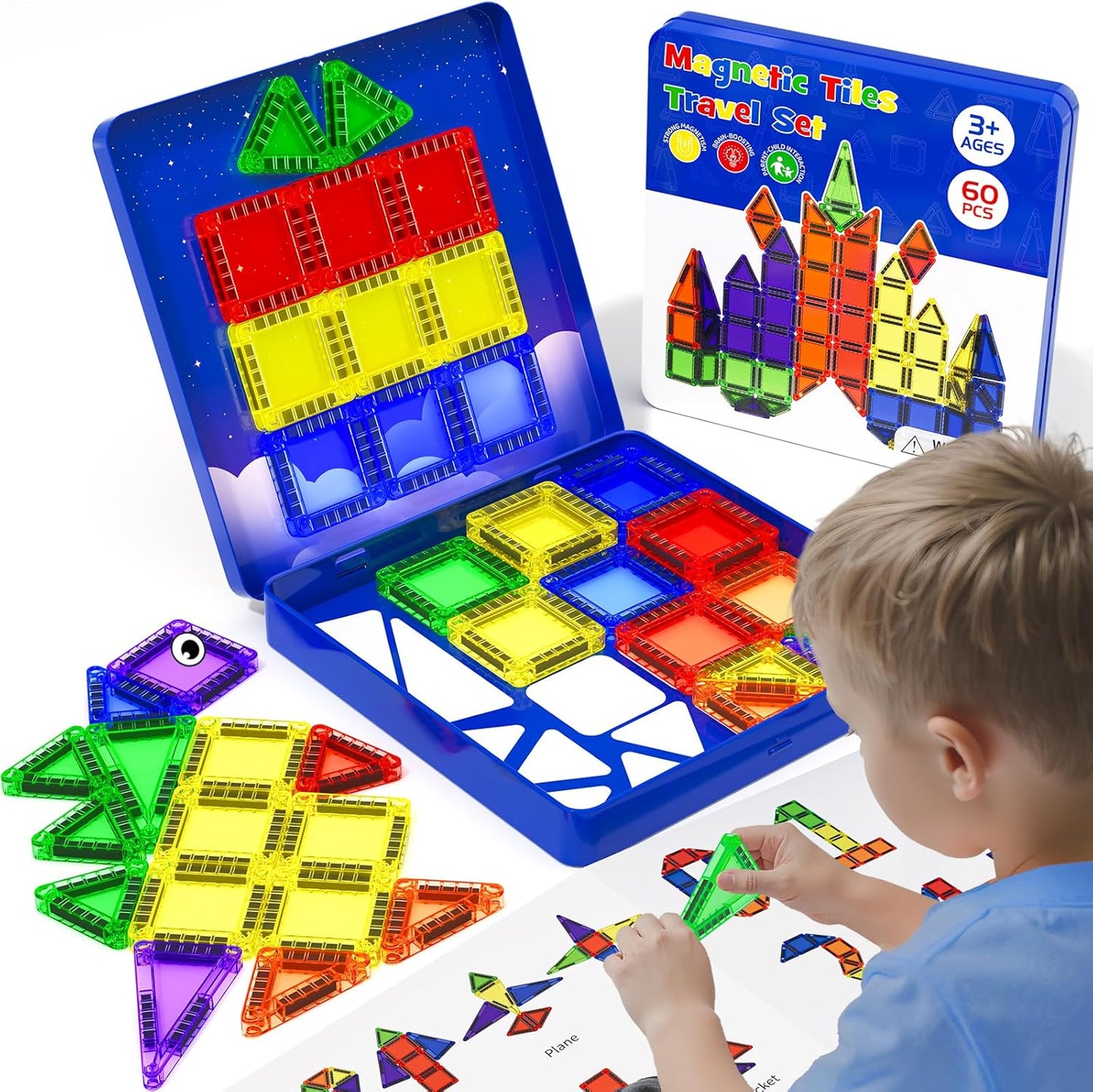 Travel Mini Magnetic Tiles 60 PCS for Kids Ages 4-8 Fun
