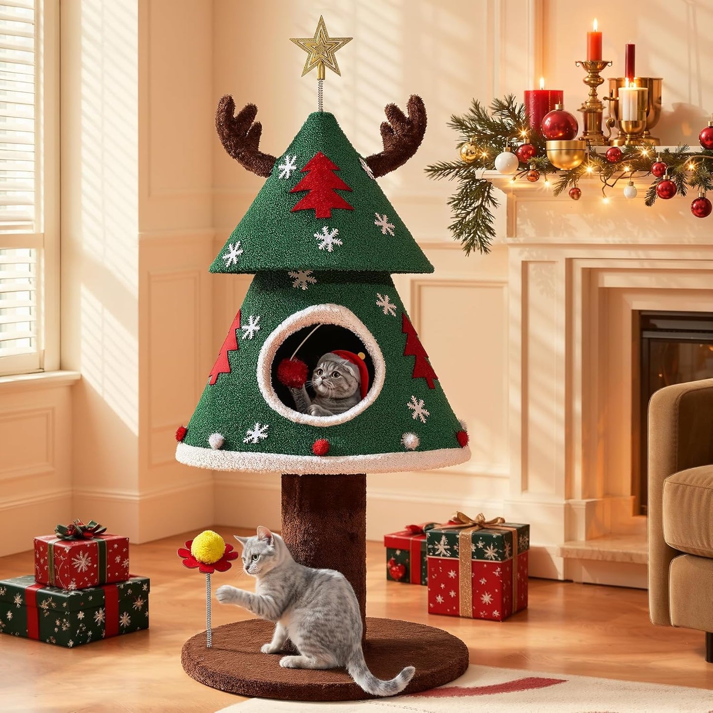 Christmas Cat Tree Tower for Small Cats with Teaser Ball Fun