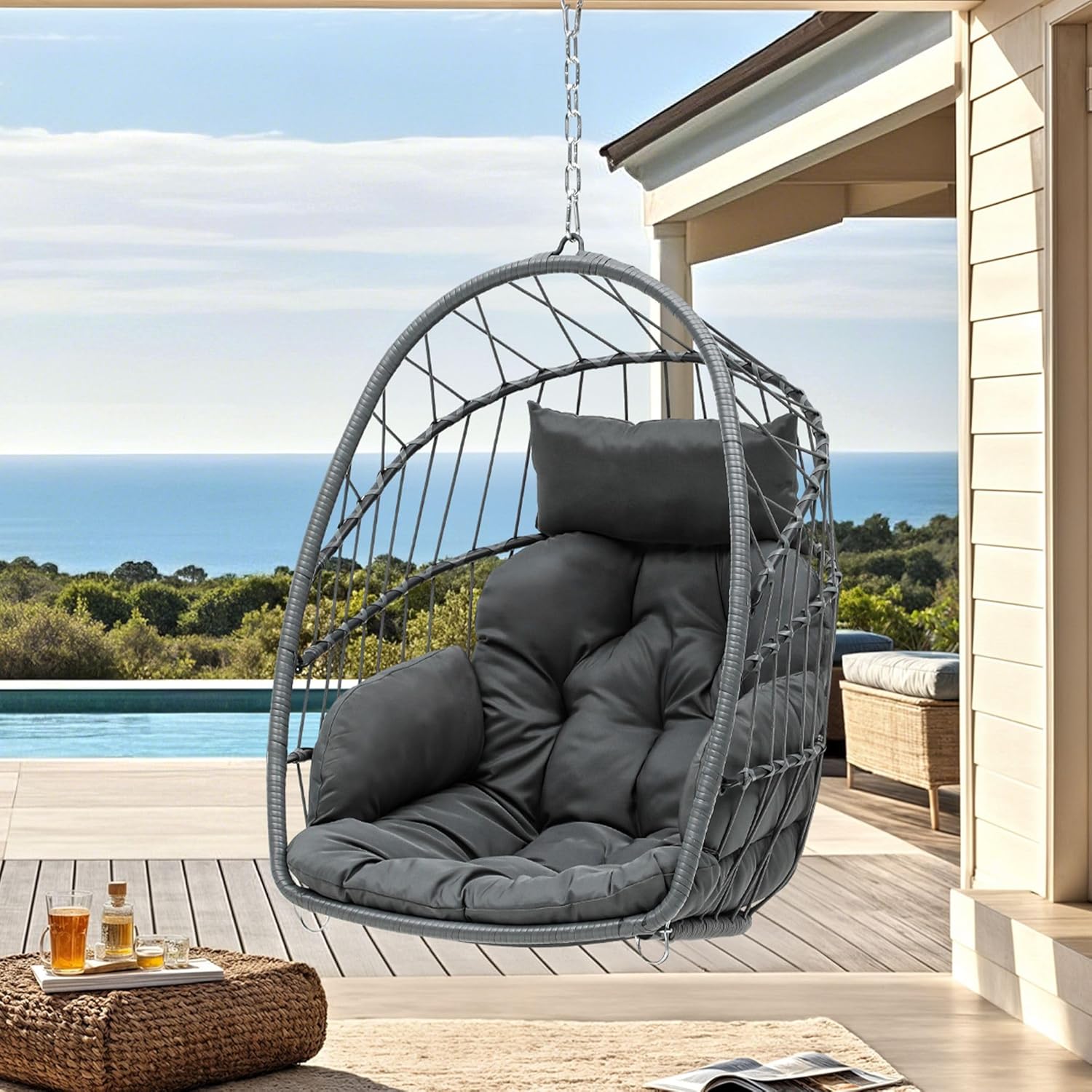 DWVO Rattan Egg Chair with Cushion - 350lbs Capacity