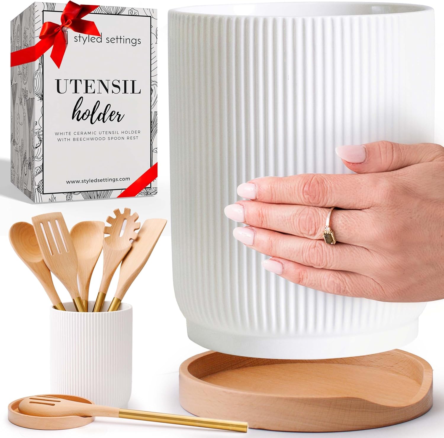 STYLED SETTINGS White Ceramic Utensil Holder & Spoon Rest