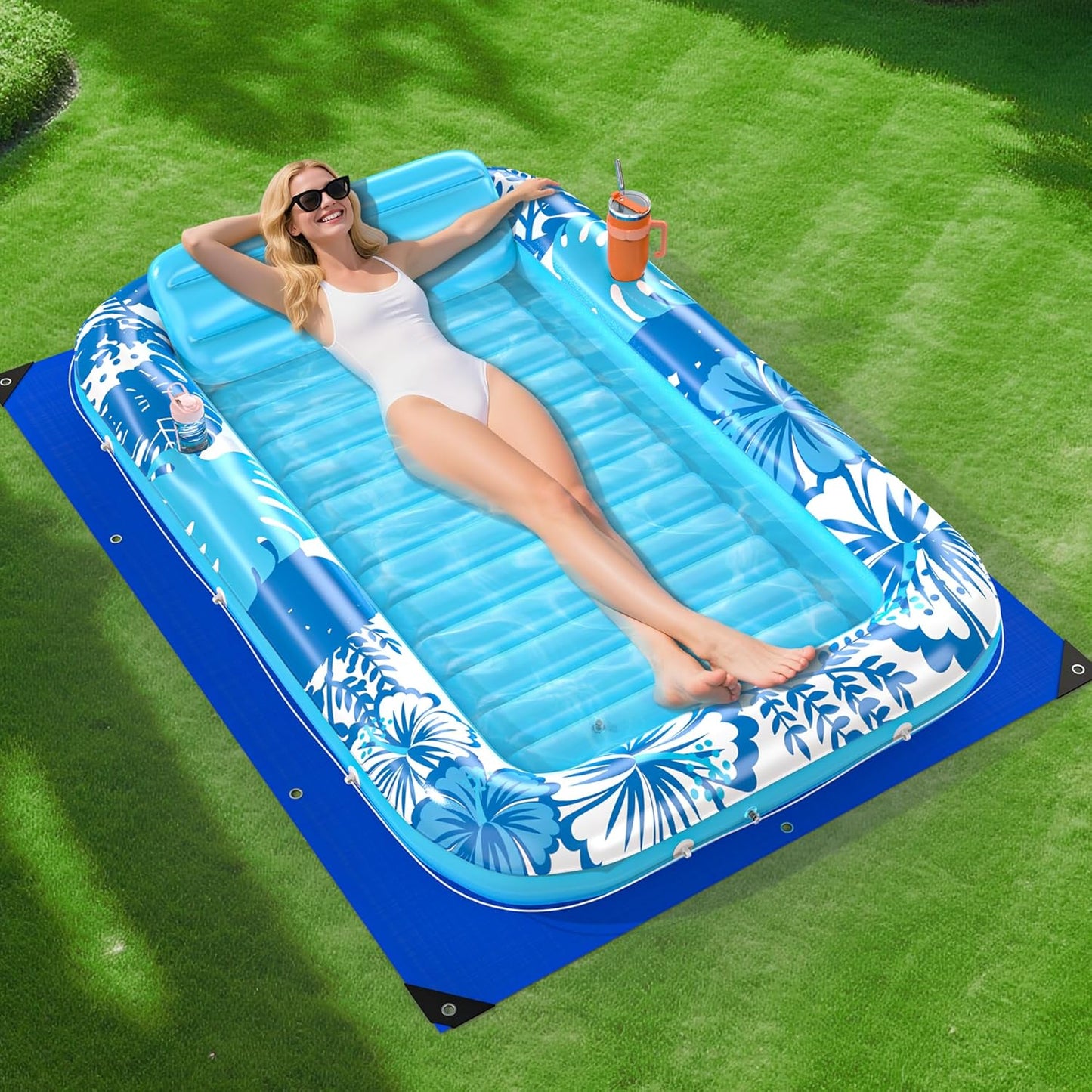 Inflatable Tanning Pool Lounger Float with Protection Tarp