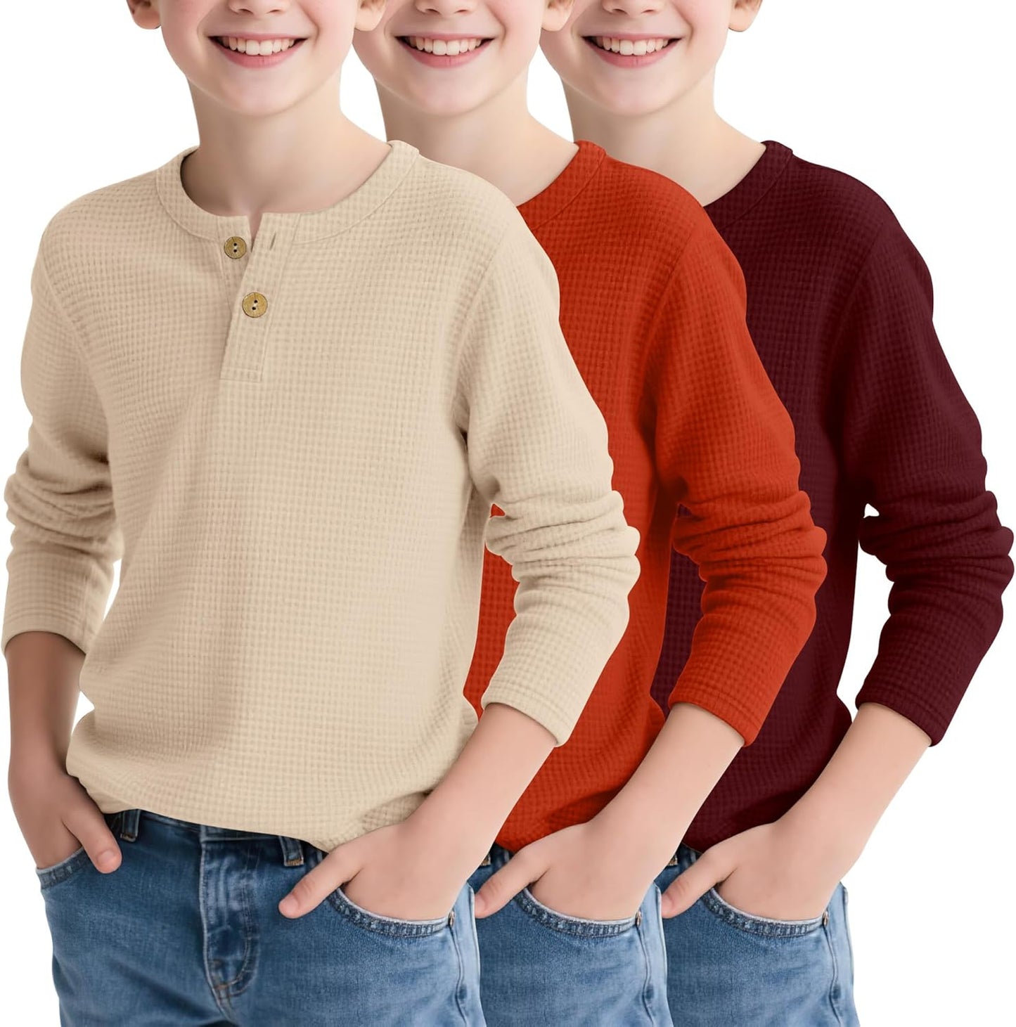 Boy's Henley Long Sleeve Shirts for School - 3 Pack Waffle Tops