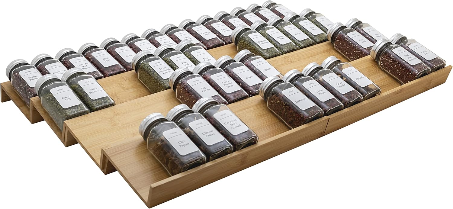 Bamboo Spice Rack Drawer Organizer - 8-Piece Set for Kitchen