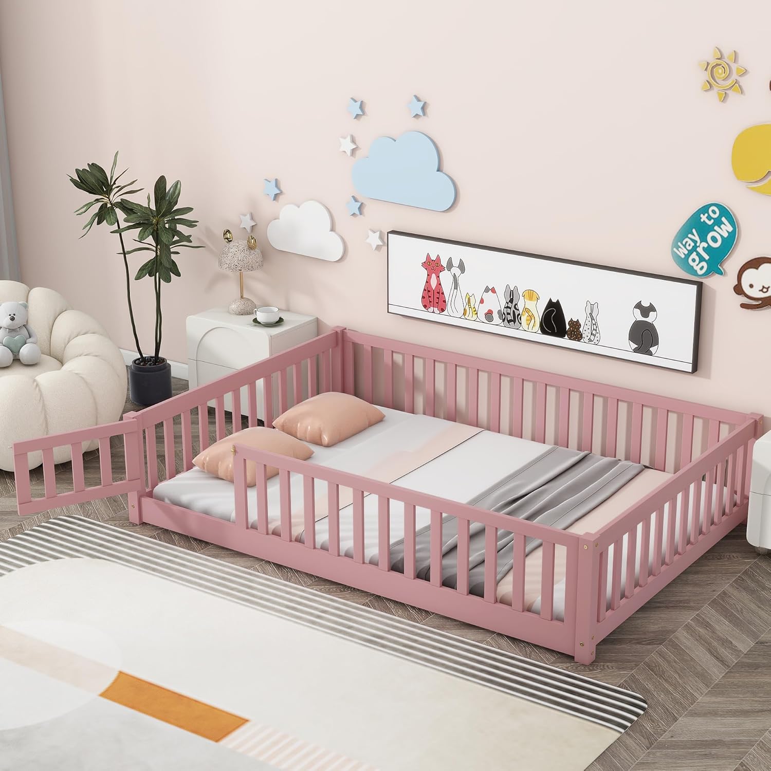 Full Size Montessori Floor Bed Frame with Convertible Door for Kids