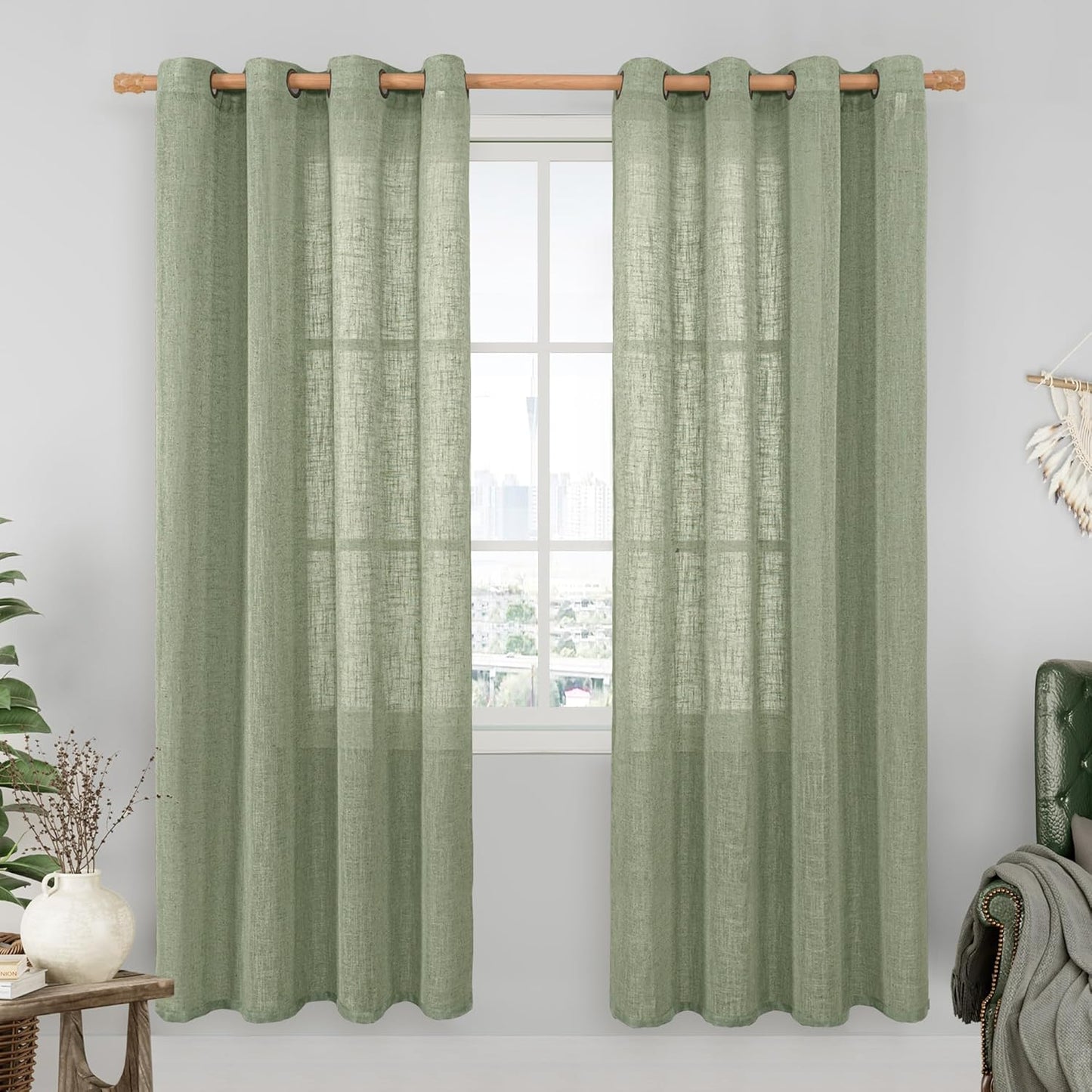 Sage Green Linen Sheer Curtains for Living Room and Bedroom
