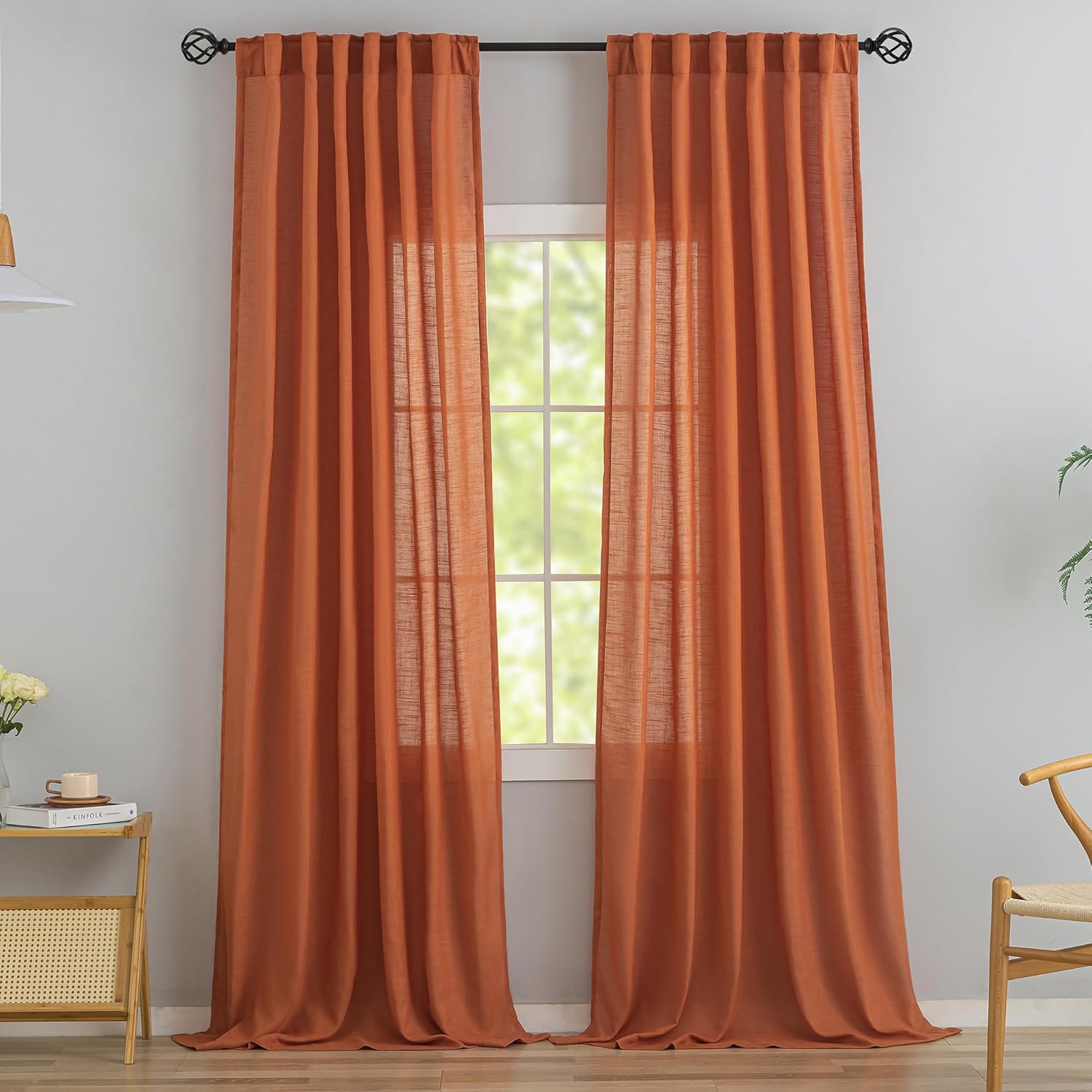 Burnt Orange Linen Back Tab Curtains for Elegant Living Rooms