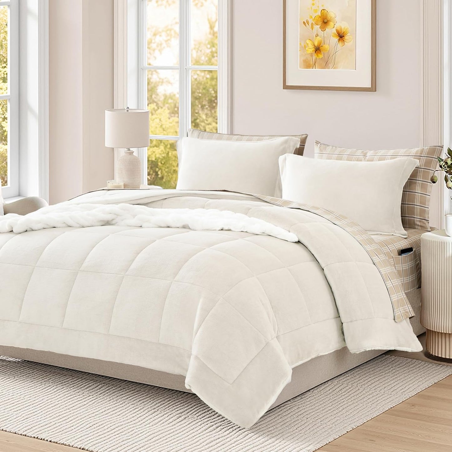 Plush Comforter Set Full Size Cream White for Cozy Winter Nights