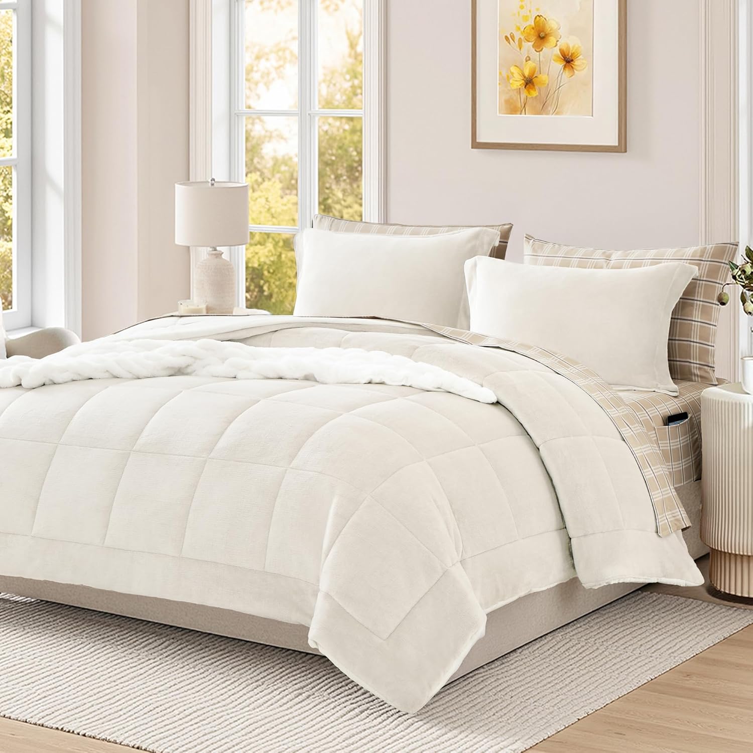 Plush Comforter Set Full Size Cream White for Cozy Winter Nights