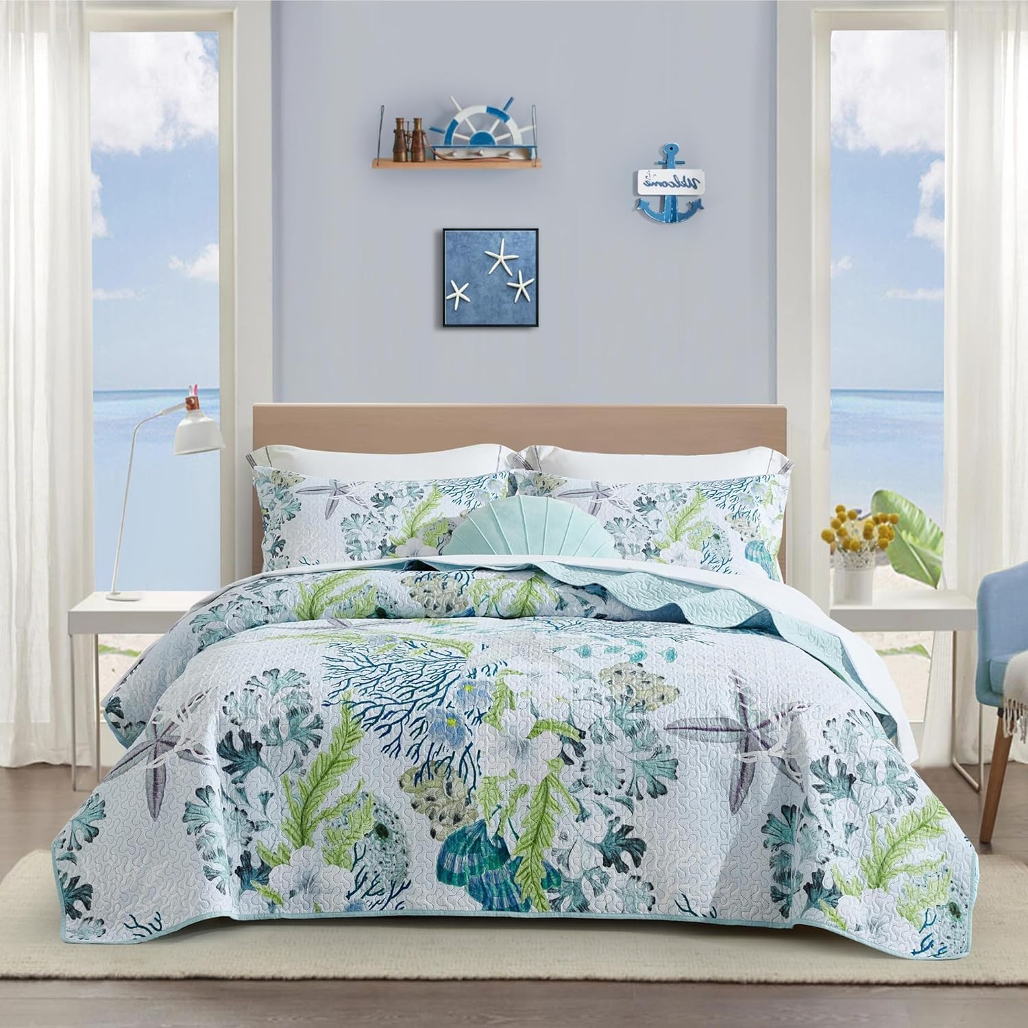 Tritard Coastal Beach Quilt Set for Full/Queen Size Bedding
