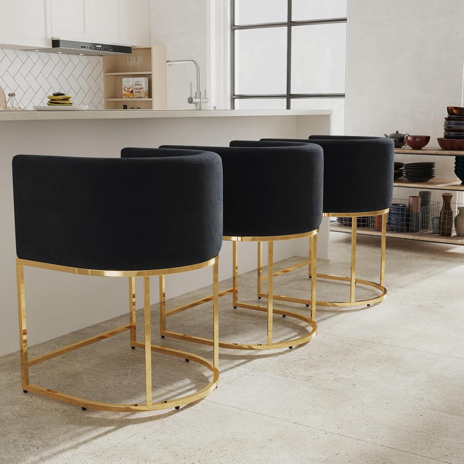 Contemporary Black Velvet Bar Stools Set of 3 for Kitchen Use