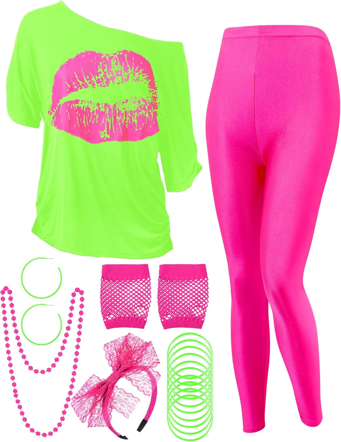 80s Women Costume Set with Lips Print T-shirt and Accessories