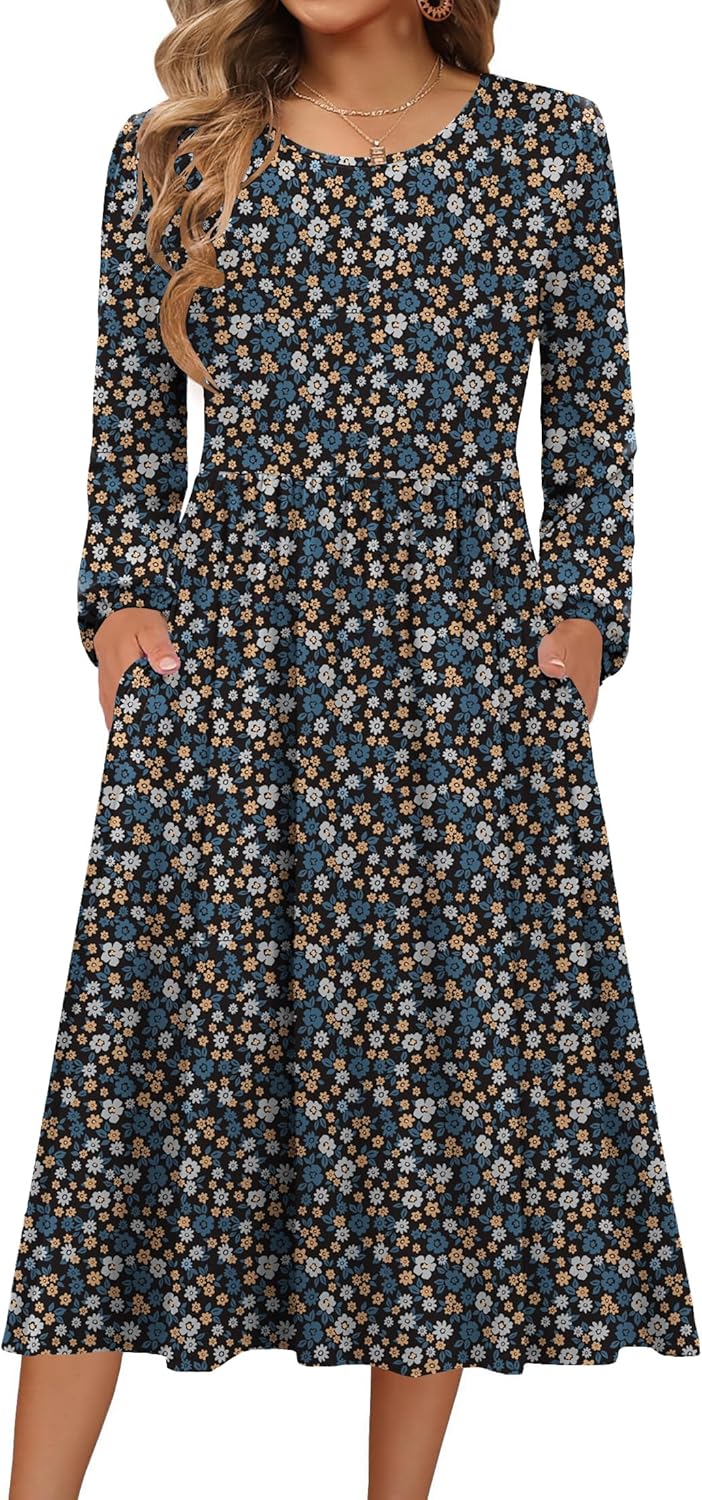 Zeagoo Long Sleeve Dresses for Women: Casual Flowy A-Line Midi