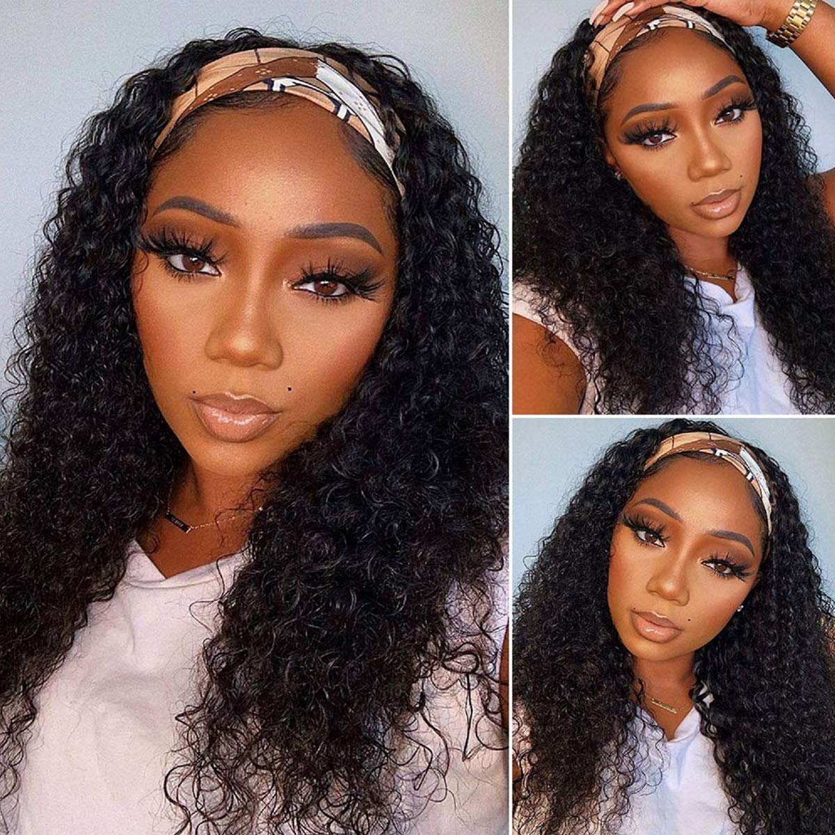 Headband Wig Human Hair Deep Wave for Black Women - 18 in