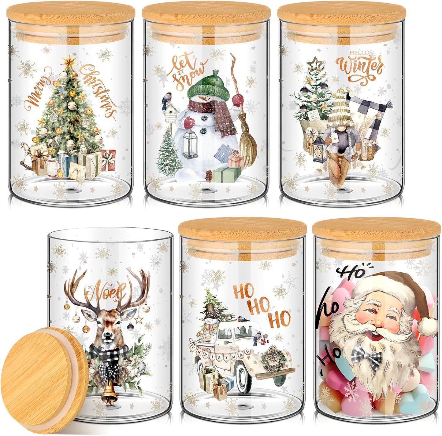 6 Pcs Christmas Glass Storage Jar Set with Airtight Bamboo Lids