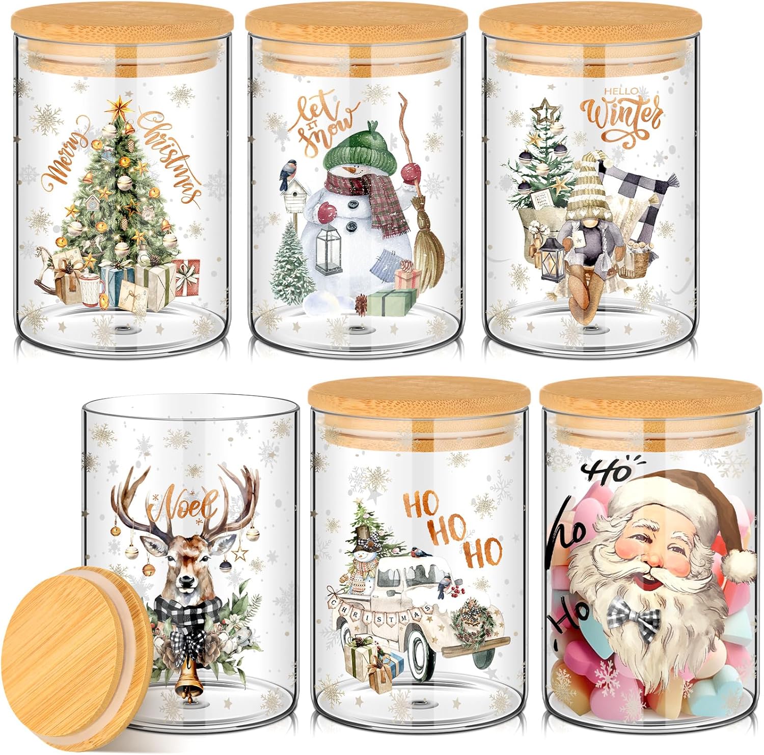 6 Pcs Christmas Glass Storage Jar Set with Airtight Bamboo Lids