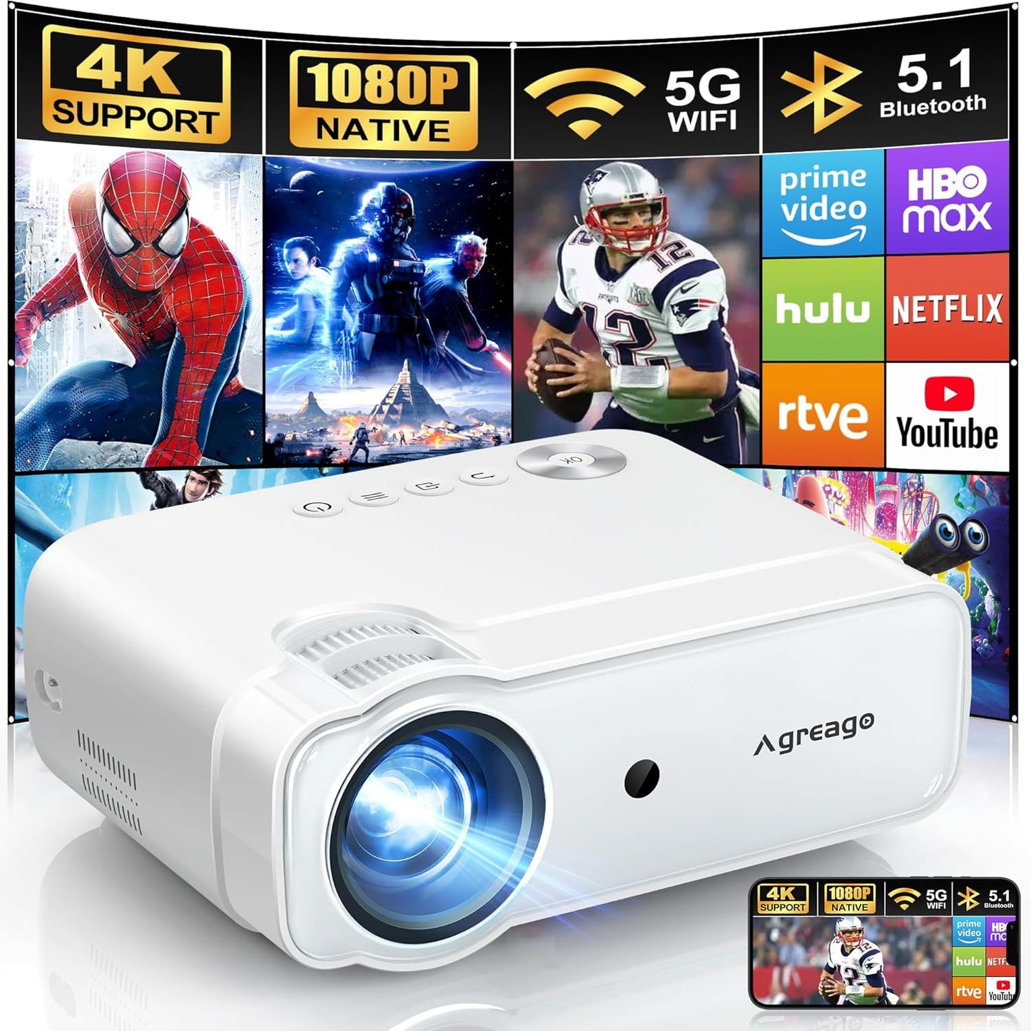 Agreago Portable Outdoor Projector: 14000L Brightness