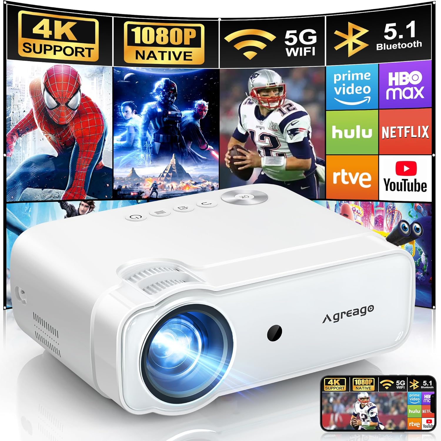 Agreago Portable Outdoor Projector: 14000L Brightness
