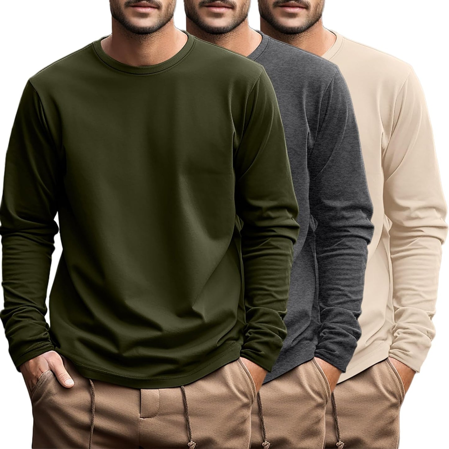 Ficerd 3 Pack Men's Big and Tall Long Sleeve Cotton Tees
