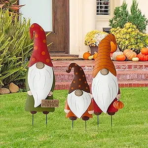 Glitzhome 3Pack Metal Gnome Family Yard Stake Fall Decor
