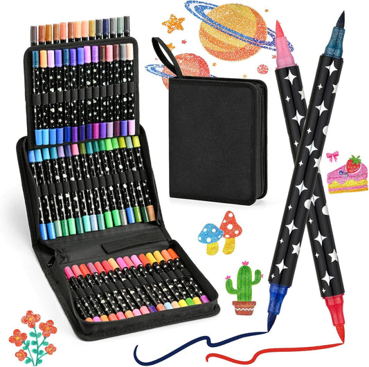 Glitter Markers Pens Set - 120 Colors Dual Tip Brush Markers