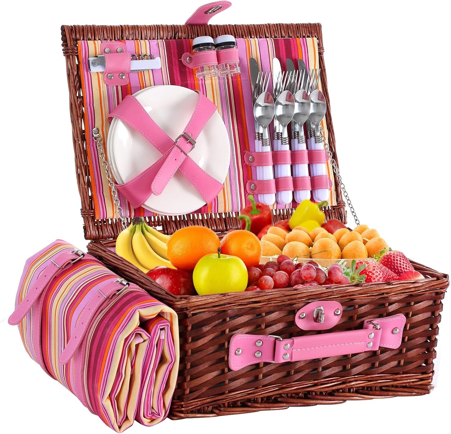 Wicker Picnic Basket for 4 with Insulated Cooler and Blanket