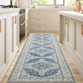 Runner Rug 2x10 ft Blue Boho Washable Kitchen Rug - Low Pile Non-Slip