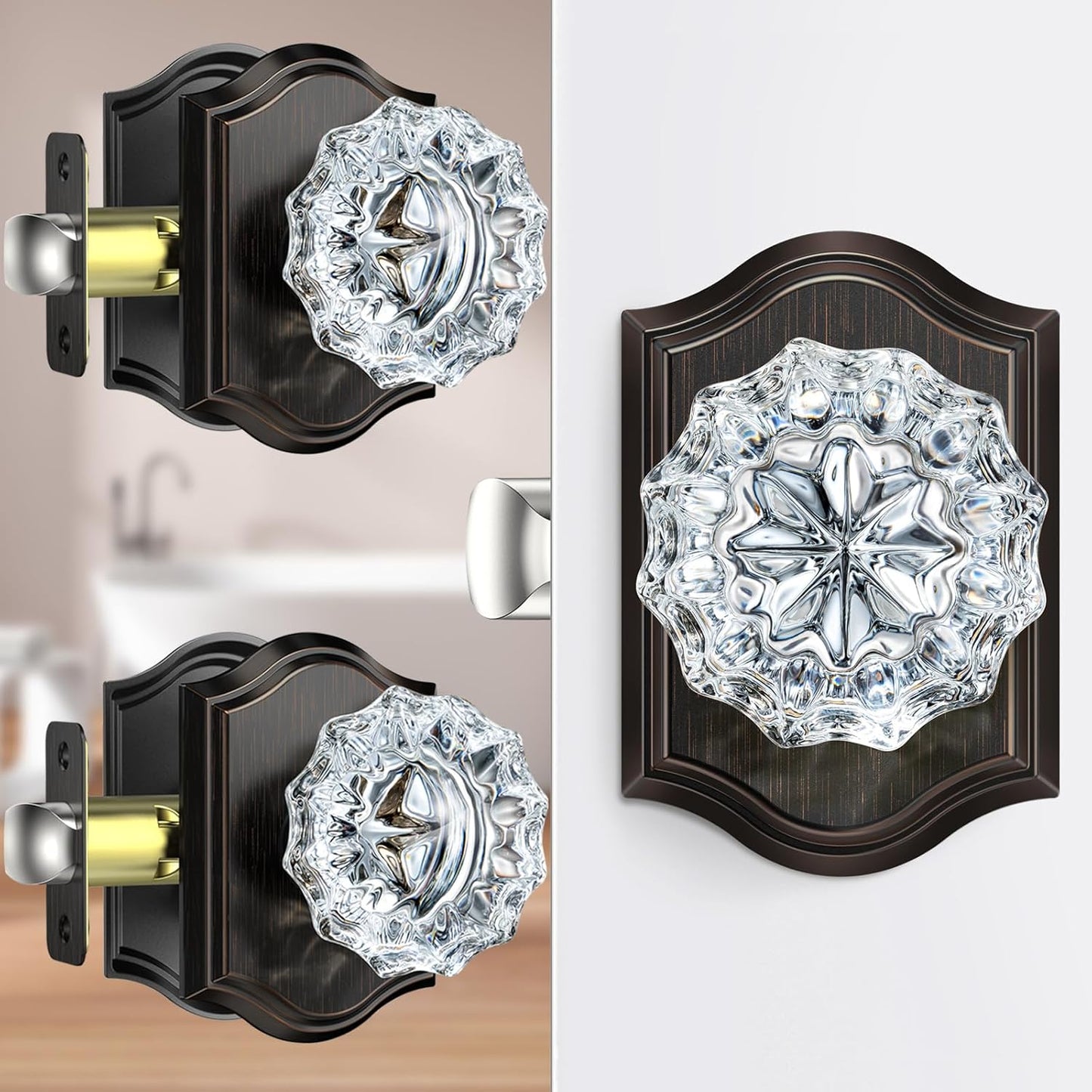 Elegant 3 Pack Crystal Door Knobs with Lock for Privacy Use