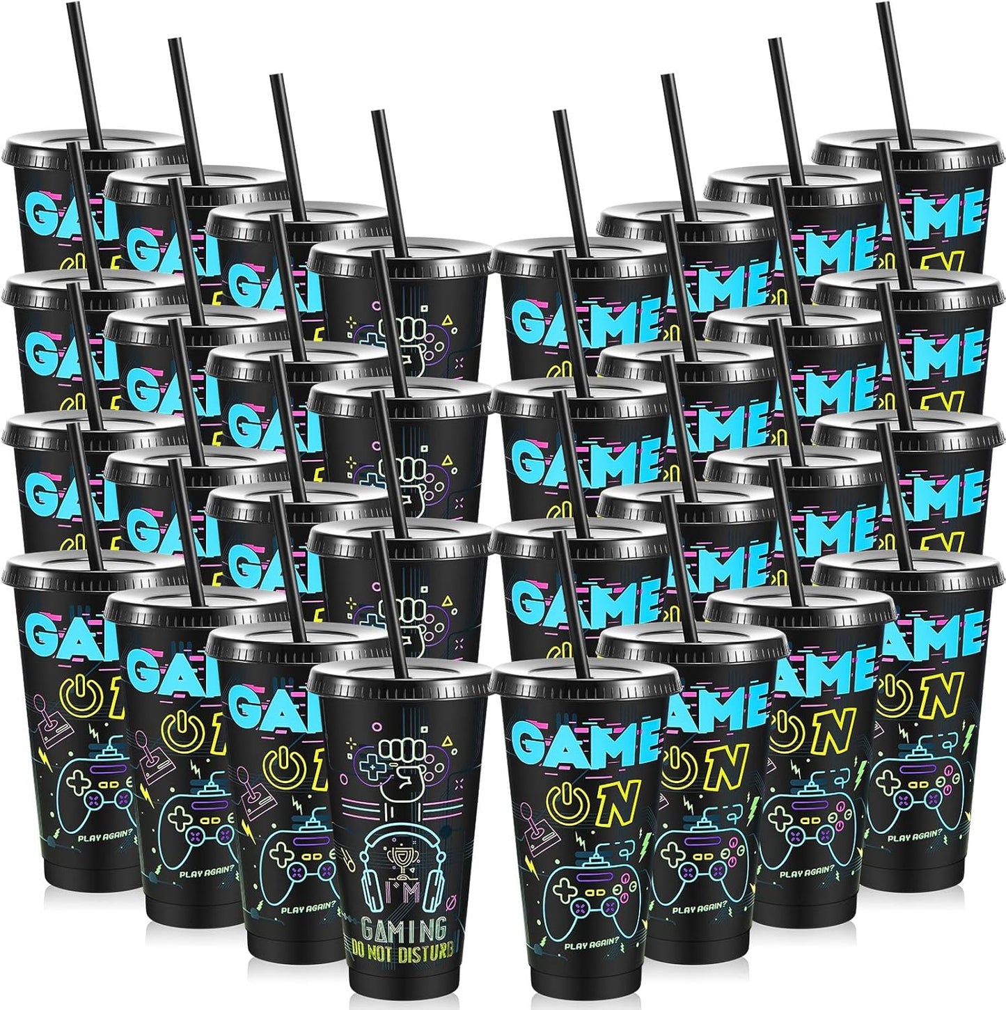 32 Pcs Video Game Party Plastic Cups with Lids and Straws