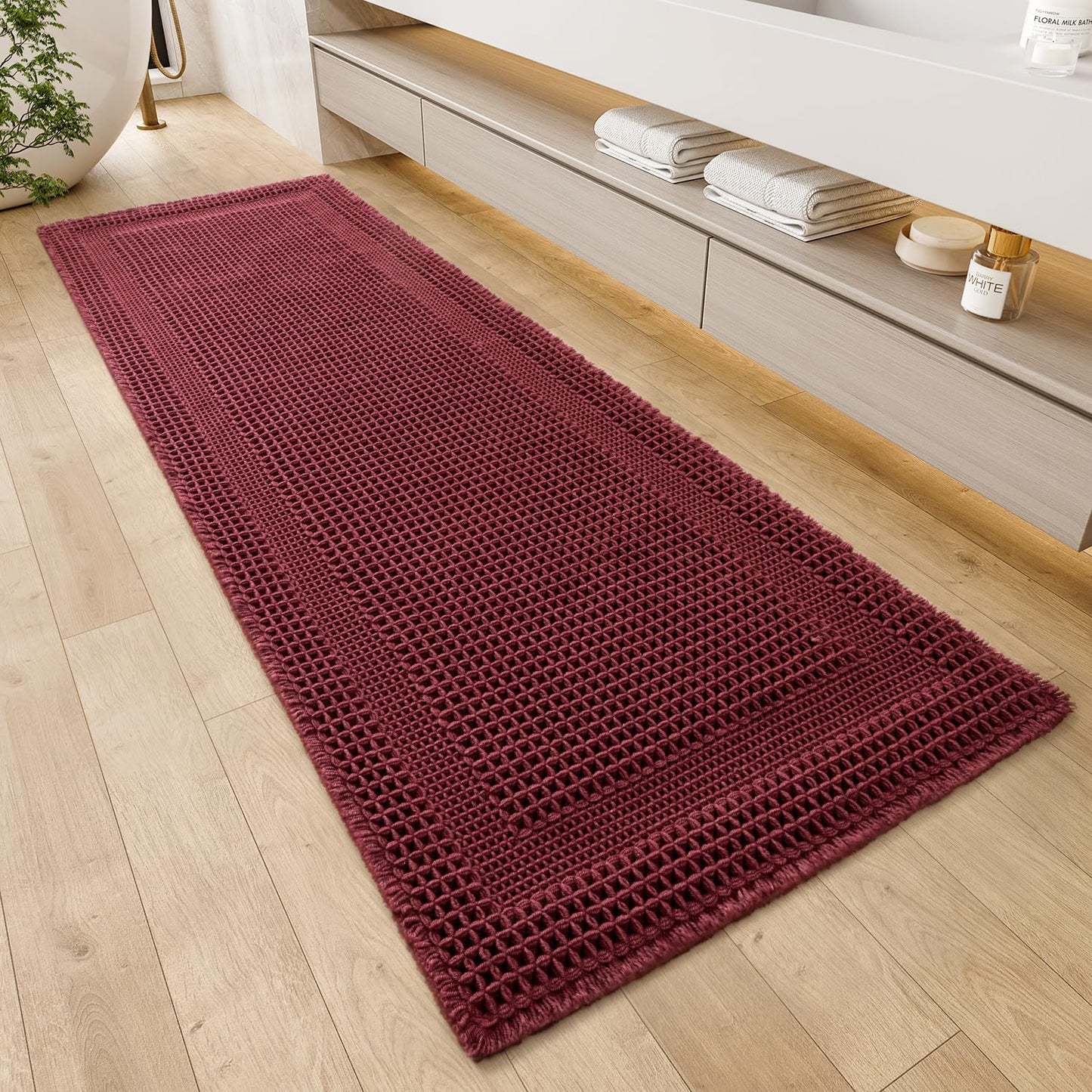 Waffle Bath Mat for Bathroom Non Slip, Ultra Soft Boho Rug